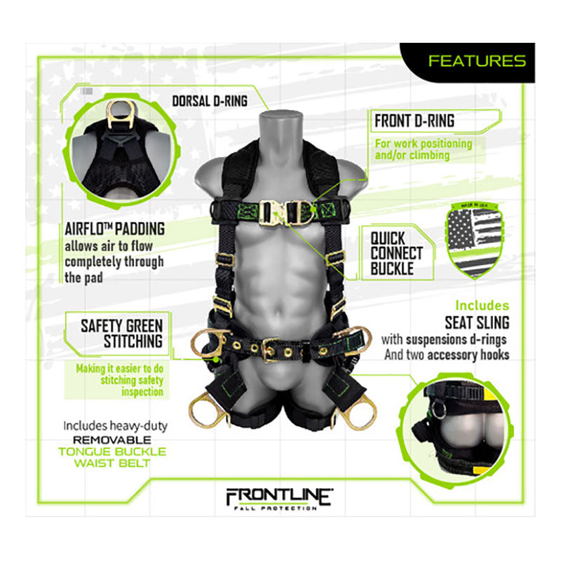The Frontline Patriot Harness w/SeatSling, Airflo, Quick Connect by Frontline Fall Protection has labeled dorsal/front D-rings, quick connect buckle, green stitching, removable waist belt, seat sling with hooks, and visible branding.