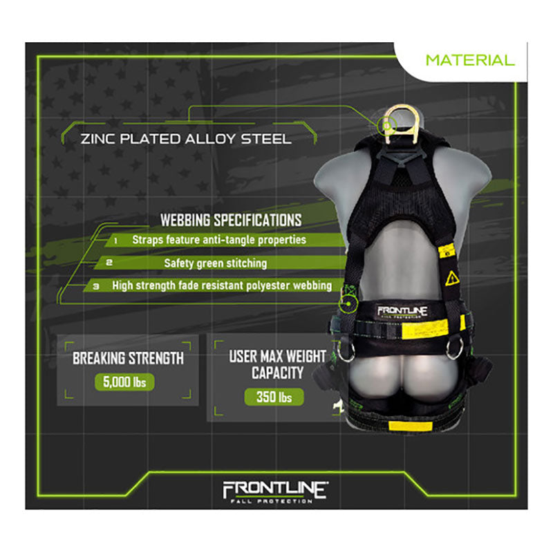The Frontline Fall Protection Patriot Harness w/SeatSling, Airflo, Quick Connect is shown on a mannequin. Features zinc plated alloy steel, anti-tangle straps, polyester webbing, green stitching; 350 lb capacity and 5,000 lb breaking strength.