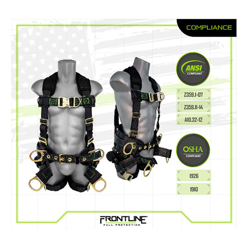 Two mannequins display the Frontline Patriot Harness w/SeatSling, Airflo, and Quick Connect from Frontline Fall Protection. ANSI and OSHA compliance badges appear on the right, with "FRONTLINE FALL PROTECTION" at the bottom.