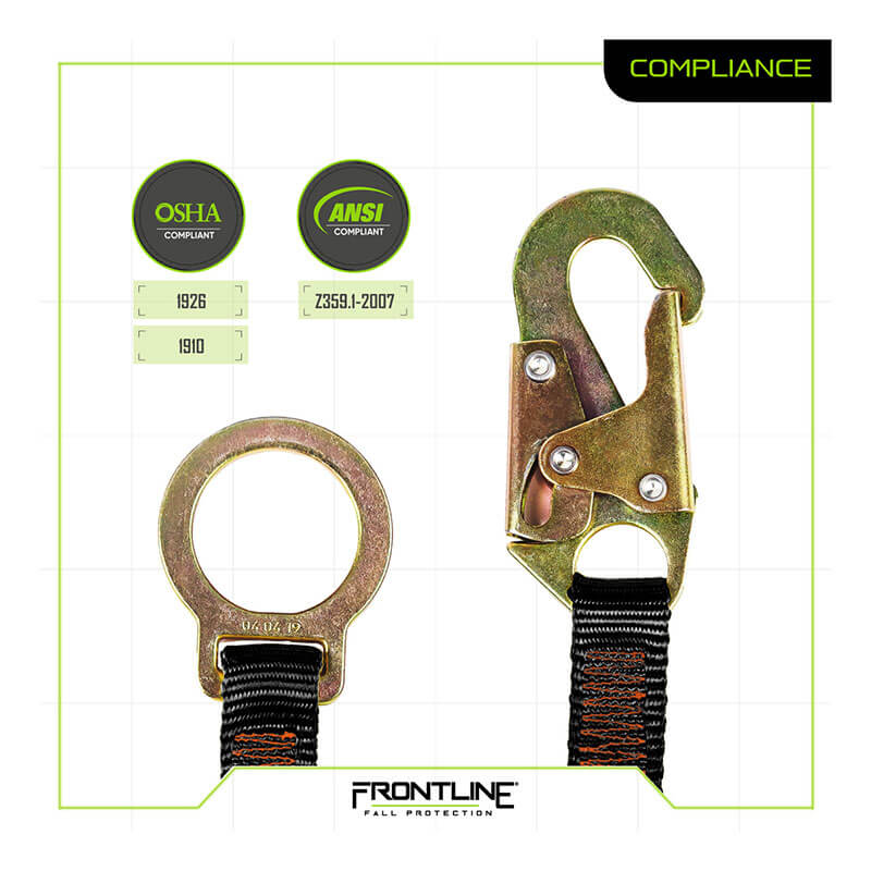 The Frontline D-Ring 18" Extension Lanyard ACEL18S by Frontline Fall Protection features a round dorsal D-ring and a large snaphook with latch on black webbing, with OSHA and ANSI labels displayed to indicate compliance with safety standards.