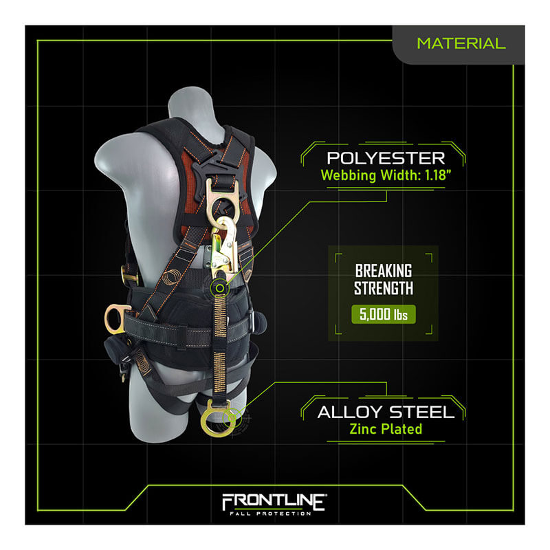 A mannequin wears the Frontline Fall Protection D-Ring 18" Extension Lanyard ACEL18S, featuring 1.18-inch polyester webbing, a 5,000-lb breaking strength, and zinc-plated alloy steel hardware.