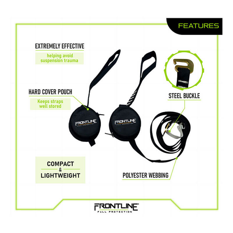 A labeled product image highlighting features of the Frontline Universal Suspension Trauma Straps ACTR by Frontline Fall Protection—compact, lightweight straps in a hard cover pouch, designed to enhance harness safety and reduce suspension trauma.