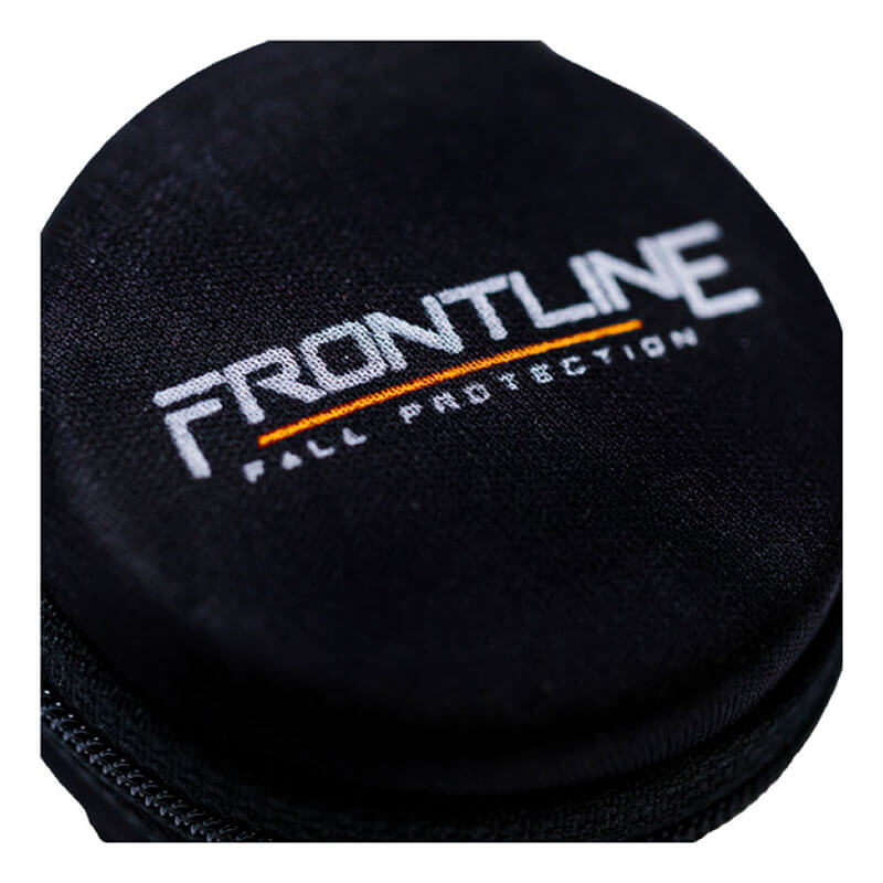 Close-up of a black fabric case embroidered with "FRONTLINE FALL PROTECTION" in white and orange, designed to hold Frontline Universal Suspension Trauma Straps ACTR by Frontline Fall Protection for improved harness safety.