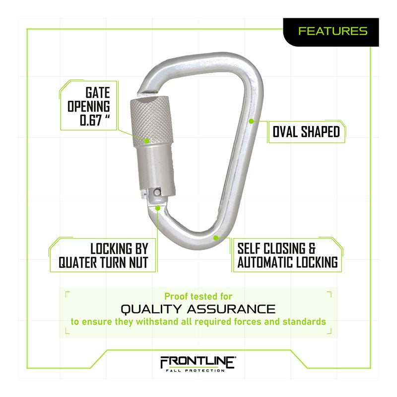 The Frontline Aluminum Quarter Turn Locking Carabiner CAQ117 by Frontline Fall Protection is a metallic oval-shaped carabiner with a 0.67” gate opening, quarter-turn nut locking, and self-closing automatic locking mechanism.