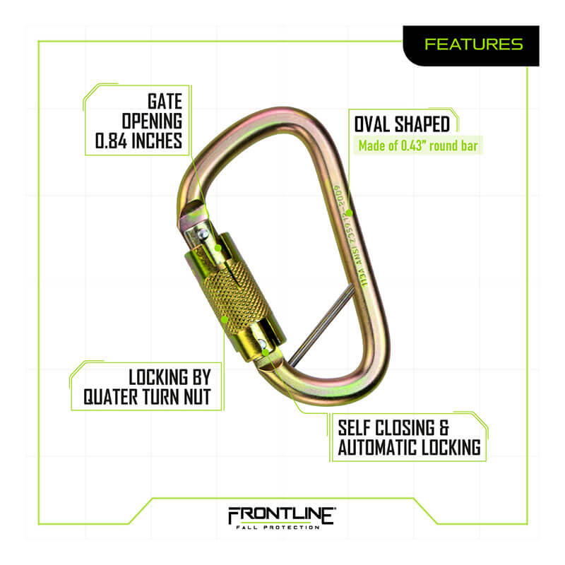 The Frontline Fall Protection CSQ184 is a gold, oval-shaped steel carabiner with a 0.84" opening, made from 0.43" round bar, featuring an automatic self-closing gate and quarter turn-locking mechanism for safety.