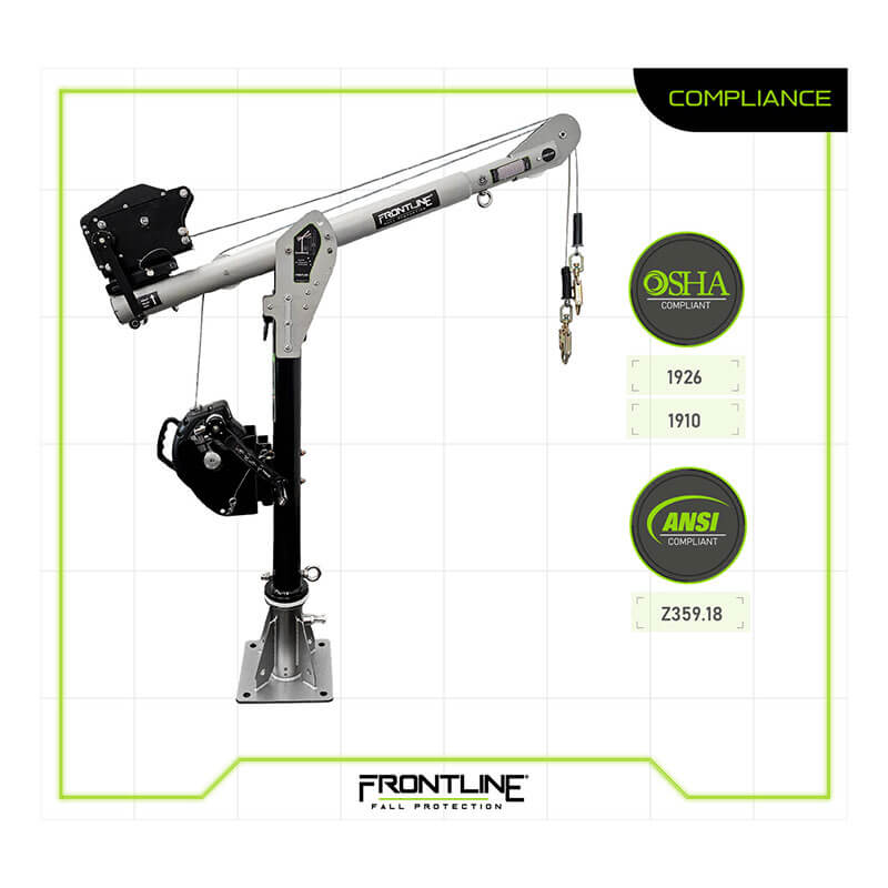 The Frontline Confined Space MEGA Davit Arm System w/Floor Mount in silver and black is shown upright on a white background. OSHA 1926/1910 and ANSI Z359.18 compliant. Branding: Frontline Fall Protection.