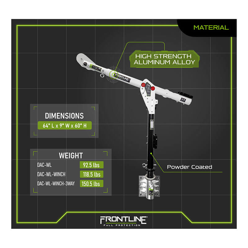 Image of the Frontline Fall Protection Confined Space MEGA Davit Arm System w/Wall Mount, made from high-strength aluminum alloy, 64" L x 9" W x 60" H. Weights: DAC-WL 92.5 lbs, WINCH 118.5 lbs, WINCH-3WAY 150.5 lbs.