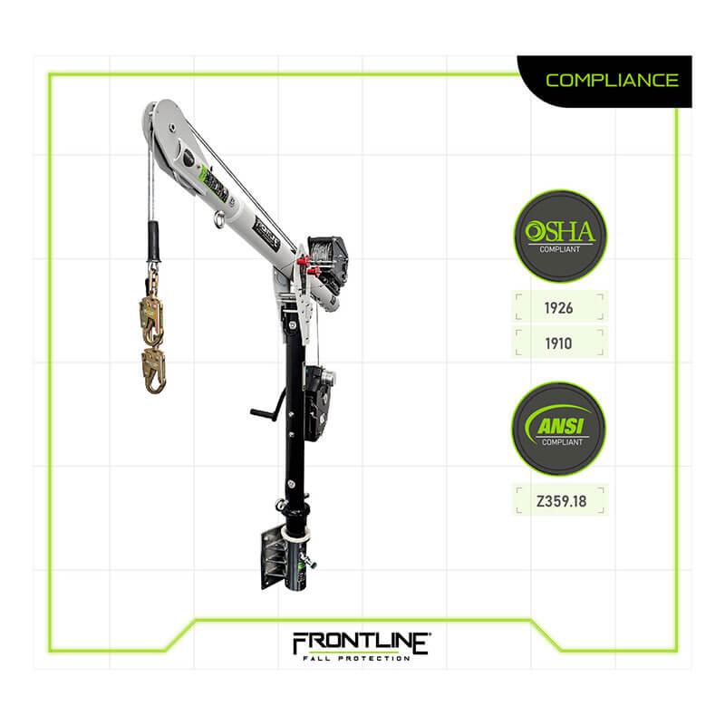 The Frontline Confined Space MEGA Davit Arm System w/Wall Mount by Frontline Fall Protection, shown in silver and black with attached belts and hooks on a vertical pole, features OSHA and ANSI compliant green labels and the brand’s logo at the bottom.