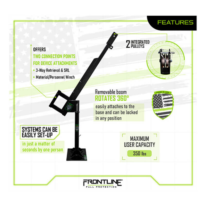 A diagram of the Frontline Patriot Davit Confined Space System DAN75-US by Frontline Fall Protection shows two integrated pulleys, a 360° rotating removable boom, easy set-up, two connection points, and 350 lb capacity—ideal for confined spaces.