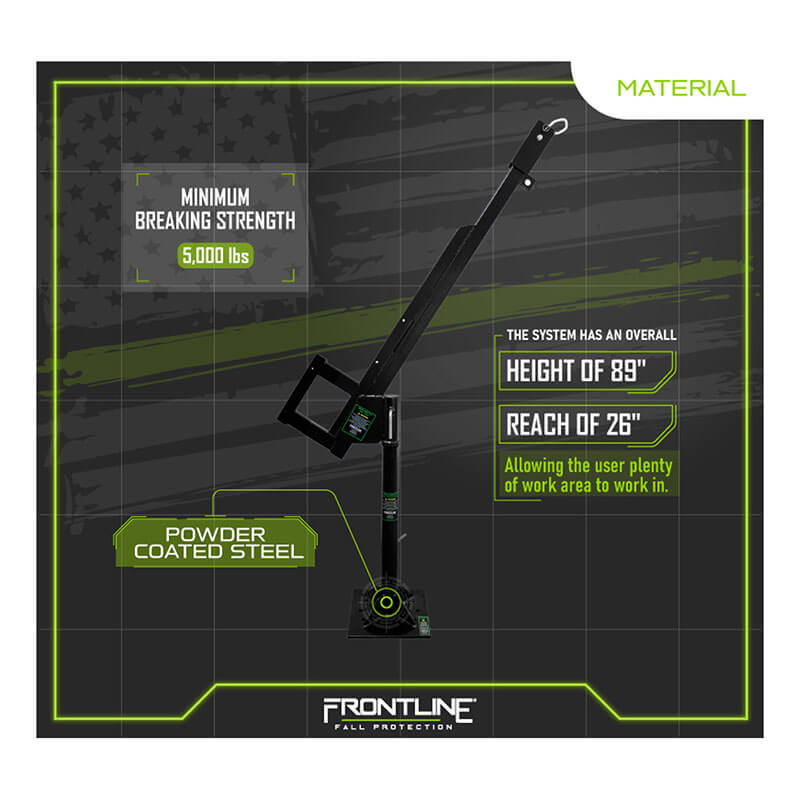 Diagram of the Frontline Patriot Davit Confined Space System DAN75-US, powder-coated steel, 89" height, 26" reach, 5,000 lb min. breaking strength, with the Frontline Fall Protection logo at the bottom.