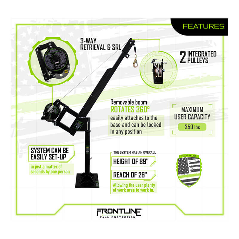 Diagram of the Frontline Patriot CS Davit by Frontline Fall Protection, a black safety system with 3-Way Retrieval System, SRL, dual pulleys, 350 lb capacity, 89" height, 26" reach. Features easy setup, removable boom, and full 360° rotation.