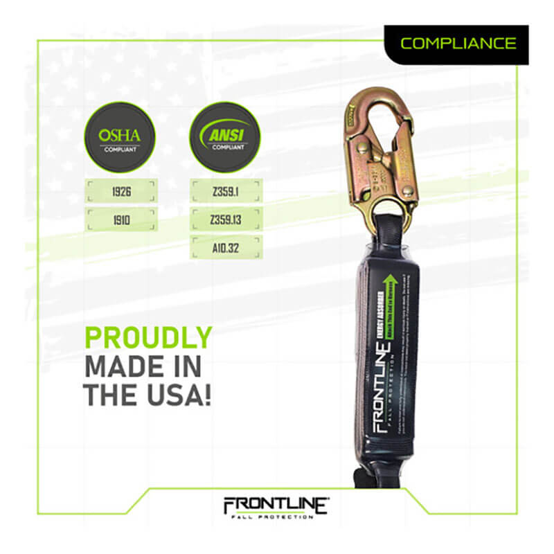 The Frontline Patriot 6' Single Leg Elastic Lanyard with Snaphooks by Frontline Fall Protection is shown with high strength polyester webbing, OSHA/ANSI logos, and “Proudly Made in the USA!” over a faint American flag background.