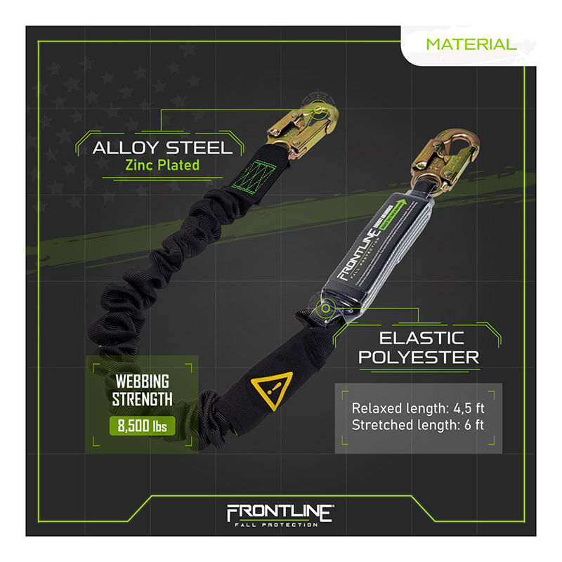 The Frontline Fall Protection Patriot 6' Single Leg Elastic Lanyard with Snaphooks features high-strength polyester webbing (tested to 8,500 lbs), alloy steel zinc-plated hooks, shock absorber, and stretches from 4.5 ft to 6 ft.