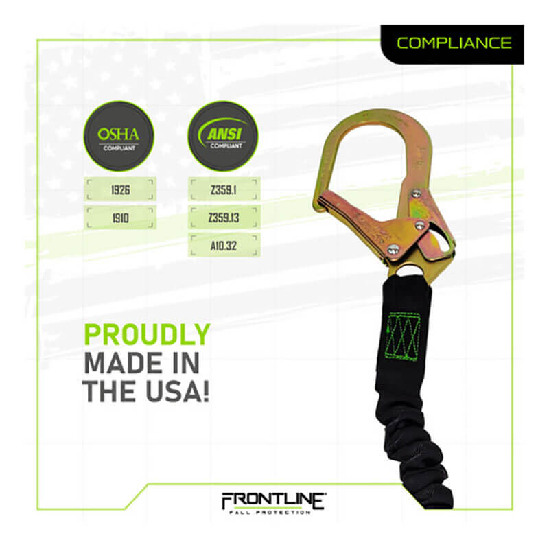 The Frontline Patriot 6' Double Leg Elastic Lanyard w/Rebar Hook Ends by Frontline Fall Protection is shown beside OSHA and ANSI badges. Text says "PROUDLY MADE IN THE USA!" with the Frontline Fall Protection logo at the bottom.
