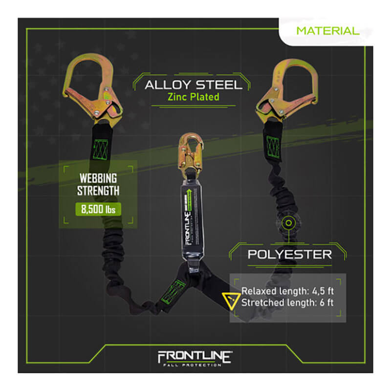The Frontline Patriot 6' Double Leg Elastic Lanyard w/Rebar Hook Ends by Frontline Fall Protection features two alloy steel hooks, durable polyester webbing rated at 8,500 lbs, and extends from 4.5 ft relaxed to 6 ft stretched.
