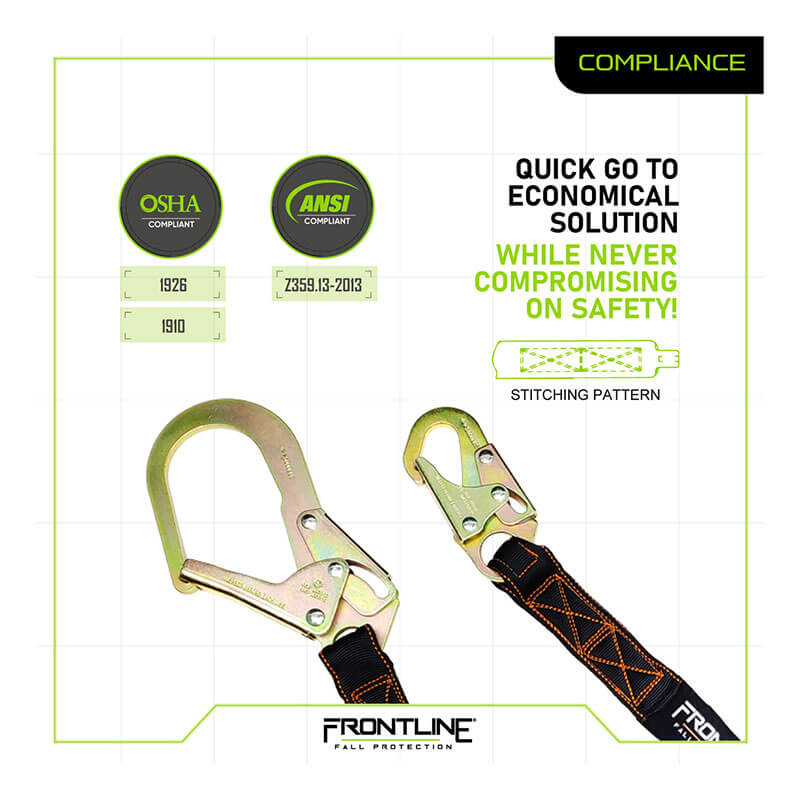 Frontline Combat 6' Single Leg Lanyard w/Shock Absorber by Frontline Fall Protection features two metal safety hooks, black and orange-stitched straps, OSHA/ANSI Z359.13-2013 compliance, and economical internal shock absorber for fall protection.