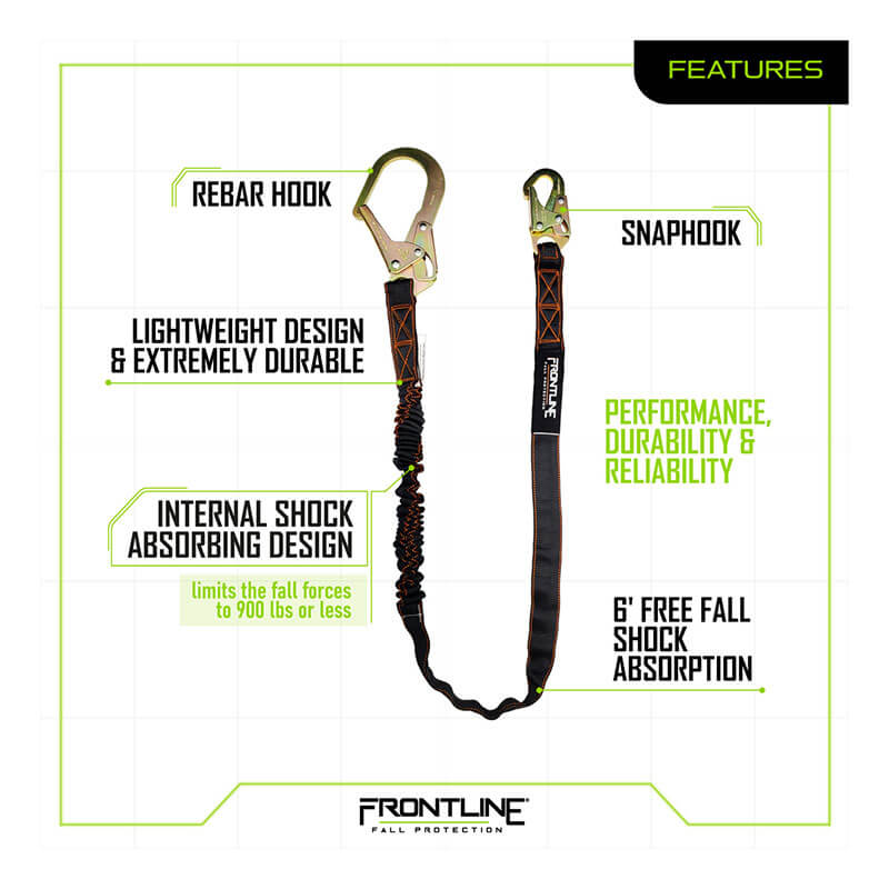 The Frontline Combat 6' Single Leg Lanyard w/Shock Absorber by Frontline Fall Protection features a rebar hook, snaphook, and internal shock absorption for reliable fall protection with a lightweight, durable design.