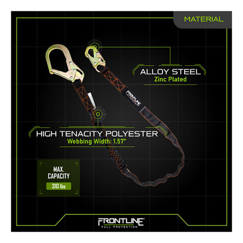 The Frontline Combat 6' Single Leg Lanyard w/Shock Absorber by Frontline Fall Protection, featuring a zinc-plated alloy steel hook, high tenacity polyester 1.57" webbing, and a 310 lbs max capacity, is shown on a black grid background.