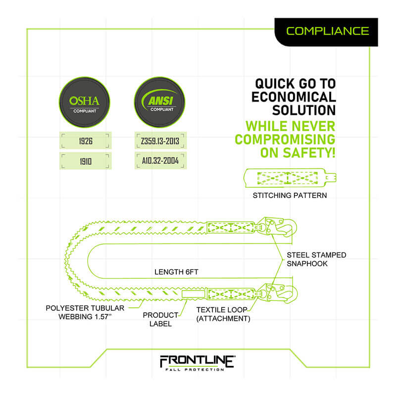 Technical diagram of the Frontline Combat 6' Single Leg Lanyard w/Shock Absorber by Frontline Fall Protection, featuring polyester tubular webbing, steel stamped snaphook, textile loop, internal shock absorber, OSHA/ANSI labels & secure stitching.