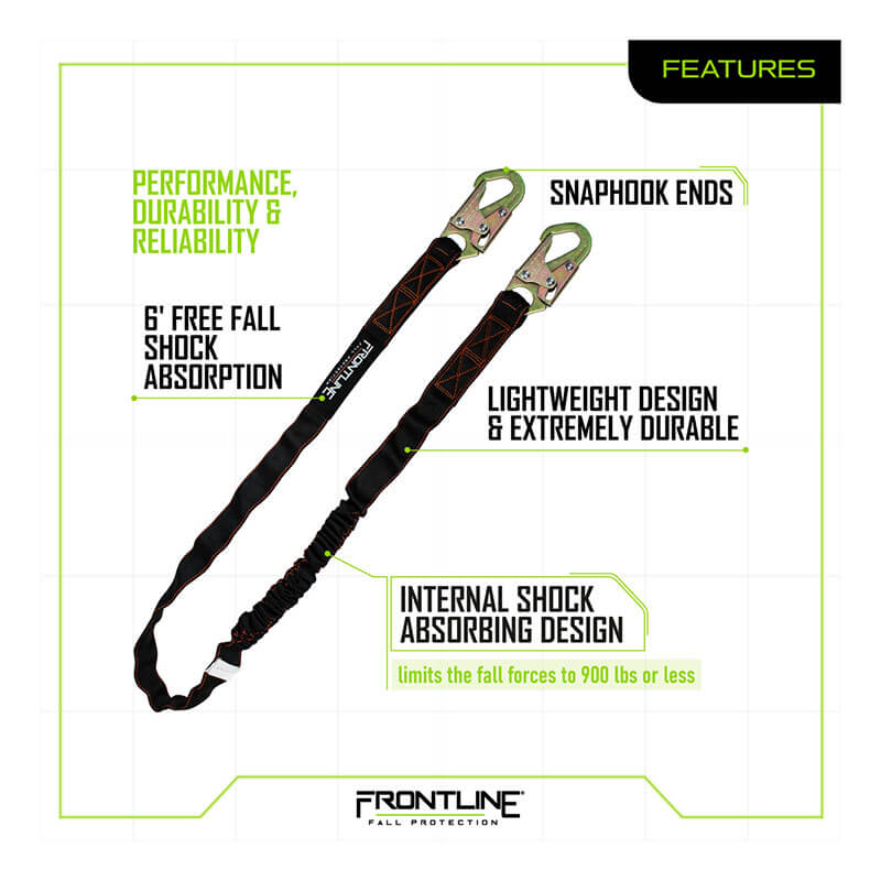 The Frontline Fall Protection Combat 6' Single Leg Lanyard with Shock Absorber features black and orange design, snaphook ends, lightweight durability, and limits fall forces to 900 lbs or less for superior 6-foot free fall protection.
