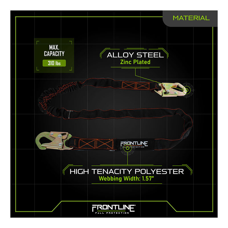 The Frontline Combat 6' Single Leg Lanyard w/Shock Absorber by Frontline Fall Protection is shown with metal hooks, an internal shock absorber, 1.57" wide high tenacity polyester webbing, alloy steel hardware, and a 310 lb capacity.