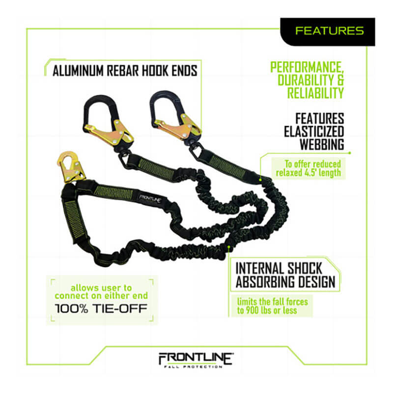 The Frontline Elite Elastic 6' Twin Leg Aluminum Rebar Hook Lanyard by Frontline Fall Protection features elasticized webbing, aluminum rebar hooks, and superior shock absorption, with highlighted features and branding shown.
