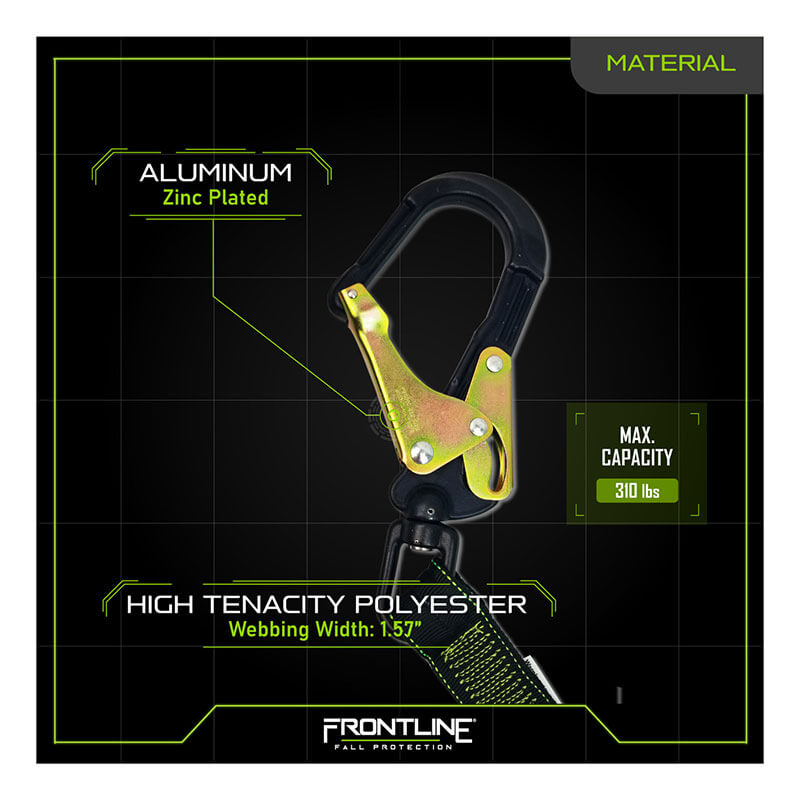 The Frontline Elite Elastic 6' Twin Leg Aluminum Rebar Hook Lanyard by Frontline Fall Protection features a zinc-plated aluminum rebar hook on high-tenacity polyester webbing, with a 310 lbs capacity and 1.57" width shown below the product image.