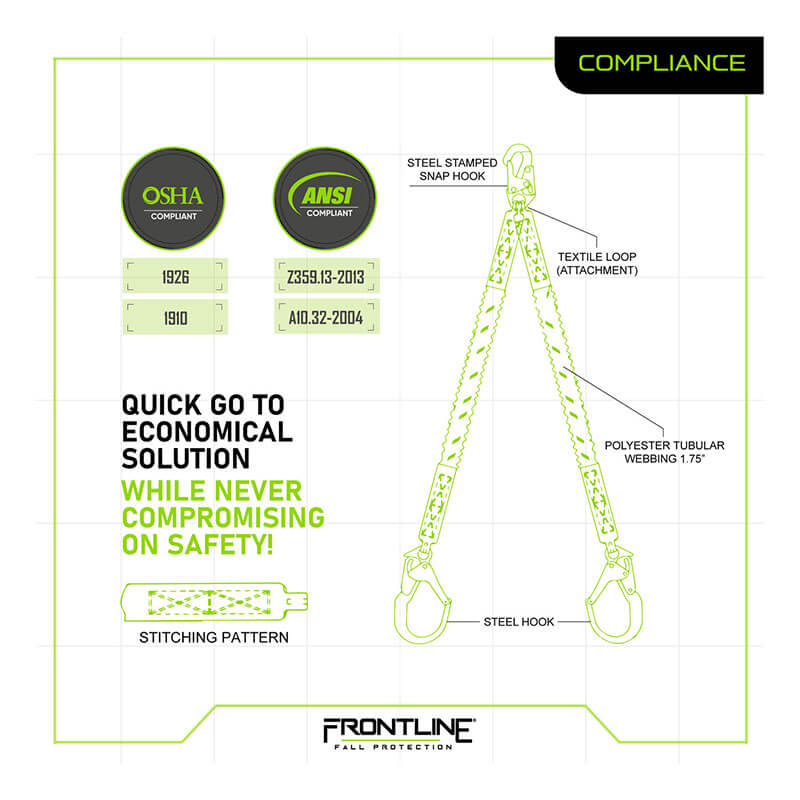Diagram of the Frontline Combat Twin Leg 6' Lanyard w/Shock Absorber by Frontline Fall Protection, labeling steel stamped snap hook, rebar hook, textile loop, and polyester tubular webbing. OSHA and ANSI compliant.