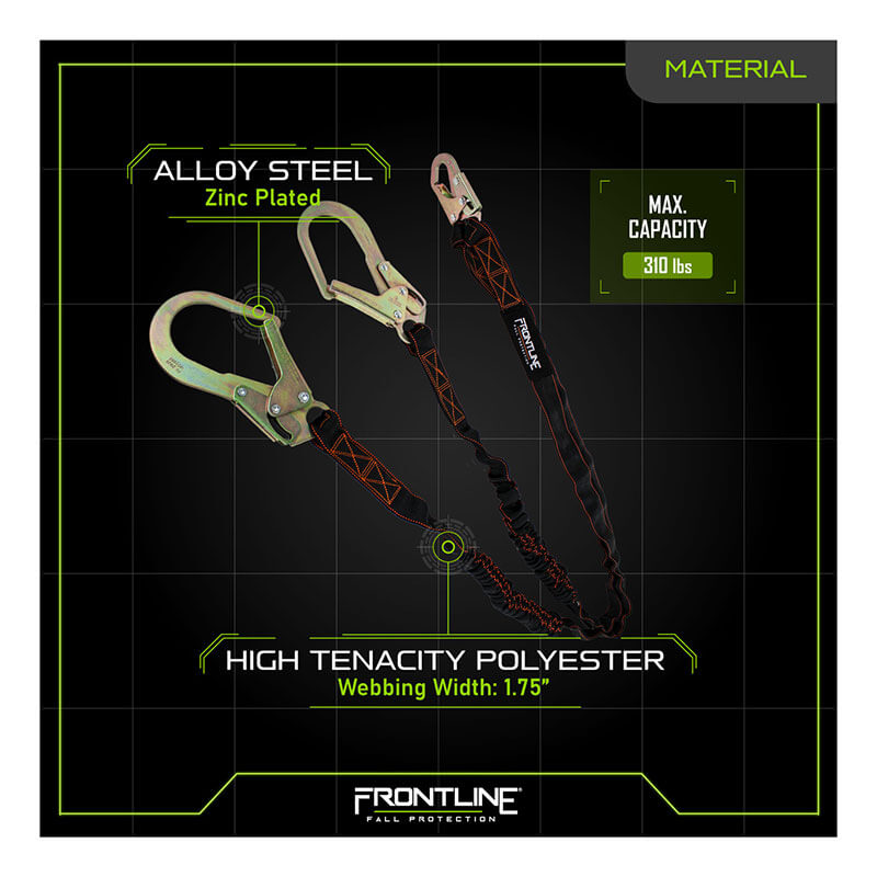 Image shows the Frontline Combat Twin Leg 6' Lanyard w/Shock Absorber by Frontline Fall Protection, made of zinc-plated alloy steel and high tenacity polyester, with 1.75" webbing and a 310 lbs weight capacity.