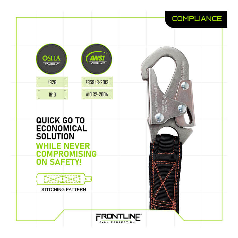 The Frontline Combat Twin Leg 6' Lanyard w/Shock Absorber by Frontline Fall Protection features a metal rebar hook, black and orange strap, built-in shock absorber, OSHA and ANSI compliance, and a safety stitching pattern diagram.