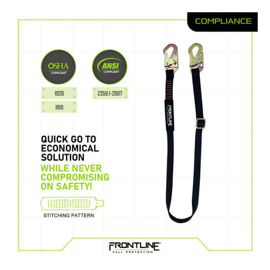 Frontline Fall Protection Combat Positioning 6' Adjustable Restraint Lanyard with snaphook ends, two hooks, and OSHA/ANSI compliance labels ensures reliable safety for fall hazards; pictured on a white background.