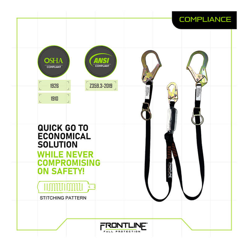 The Frontline Fall Protection Combat 6' Tie-Back Twin Leg Lanyard with Shock Absorb is shown with OSHA and ANSI logos, emphasizing an economical and safe solution for workers needing reliable fall protection equipment.