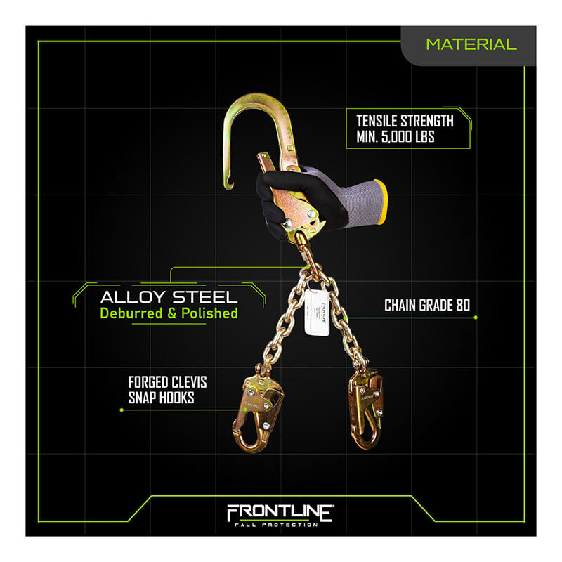 A gloved hand holds a Frontline Rebar Positioning Chain Assembly w/Swivel PSSW2R by Frontline Fall Production, featuring Grade 80 chains, swivel hooks, a 5,000 lbs tensile strength, and a polished deburred finish for secure work positioning.