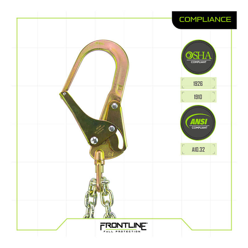 The Frontline Fall Protection Rebar Positioning Chain Assembly w/Swivel PSSW2R, gold-colored with snap hook and chain, is shown on a white background. OSHA 1926/1910 and ANSI A10.32 badges appear right, with the brand logo at the bottom.