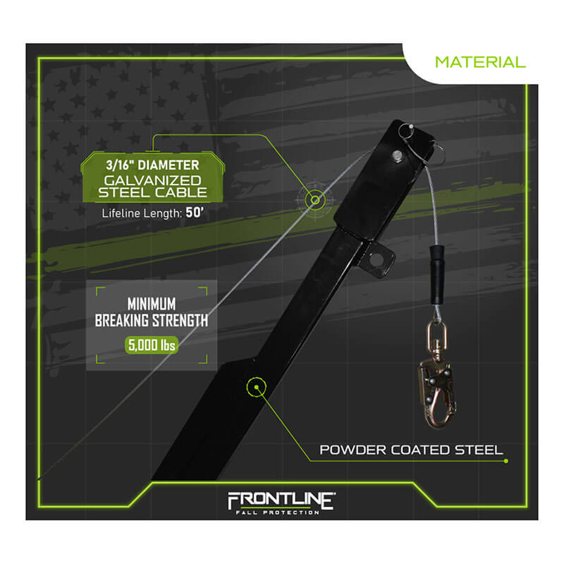 Diagram of the Frontline Patriot CS Quadpod with 3-Way Retrieval System by Frontline Fall Protection, featuring a 3/16" galvanized steel cable (50'), 5,000 lb min. breaking strength, and powder-coated components—ideal for confined space fall arrest.
