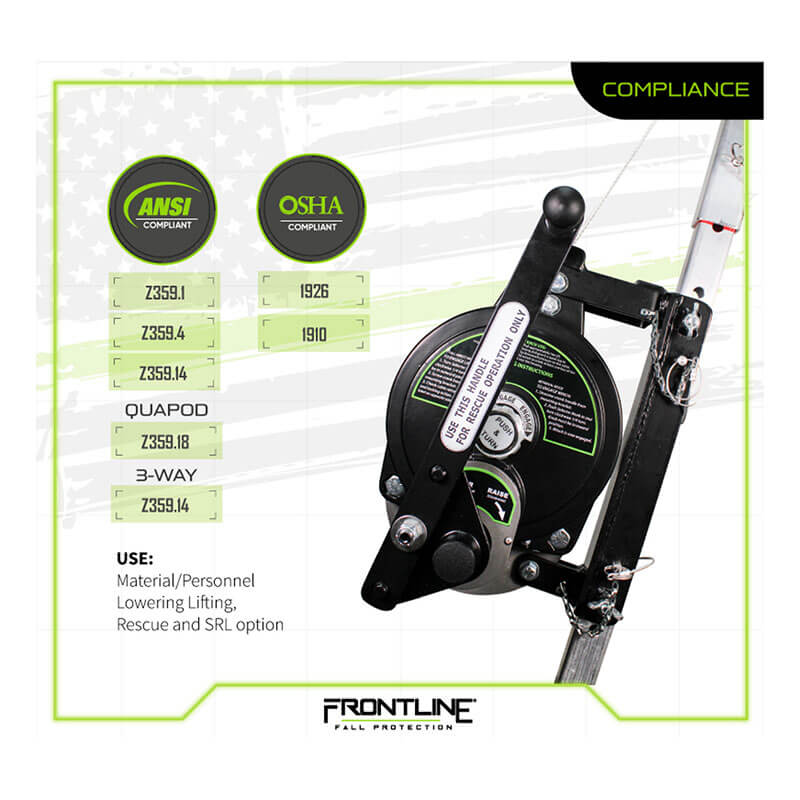 The Frontline Patriot CS Quadpod with 3-Way Retrieval System, by Frontline Fall Protection, is a confined space entry and rescue device compliant with ANSI/OSHA standards, for fall arrest, lifting/lowering personnel/materials, and SRL compatibility.