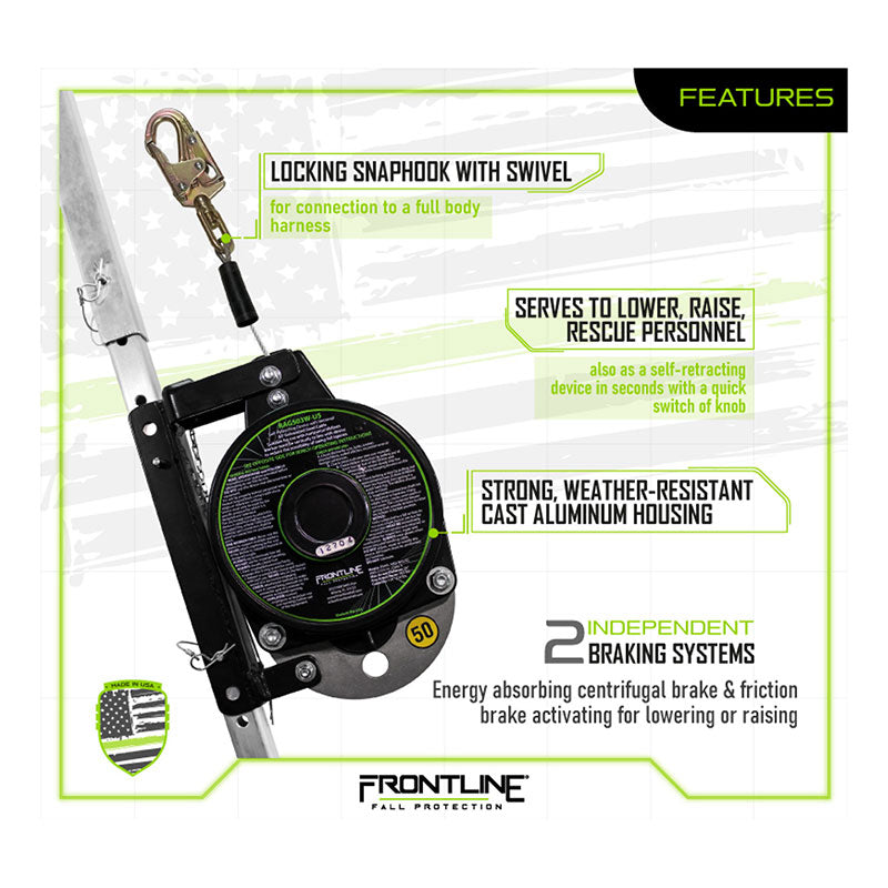 Image showing the Frontline Patriot 50' 3-Way Retrieval & SRL RAG503W-US by Frontline Fall Protection on a ladder, with a locking snap hook, self-retracting mechanism, cast aluminum housing, and dual braking systems for fall arrest.