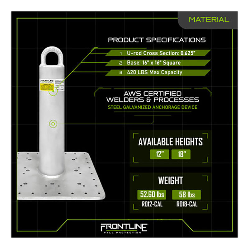 The Frontline Commercial Roof Anchor CAL-OSHA Compliant by Frontline Fall Protection features a galvanized steel square base and U-rod top, with specs for base size, rod thickness, weight, max capacity, and various available heights.