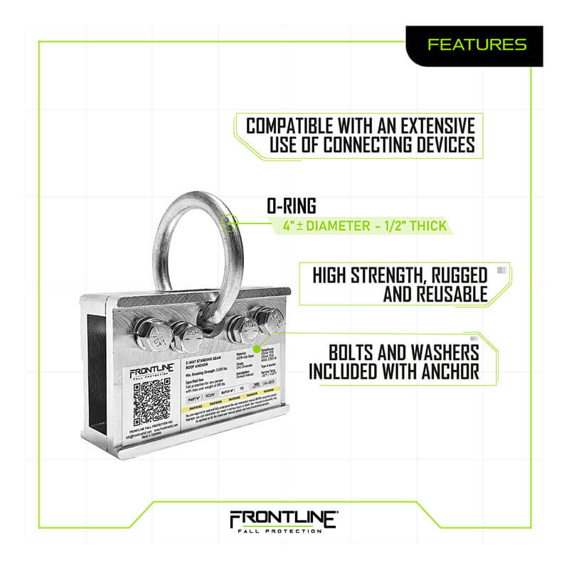 The Frontline 2-Way Standing Seam Roof Anchor RO2W by Frontline Fall Protection features a rugged, high-strength design with a 4-inch O-ring, included bolts and washers, wide device compatibility, and a non-penetrating fit for standing seam roofs.