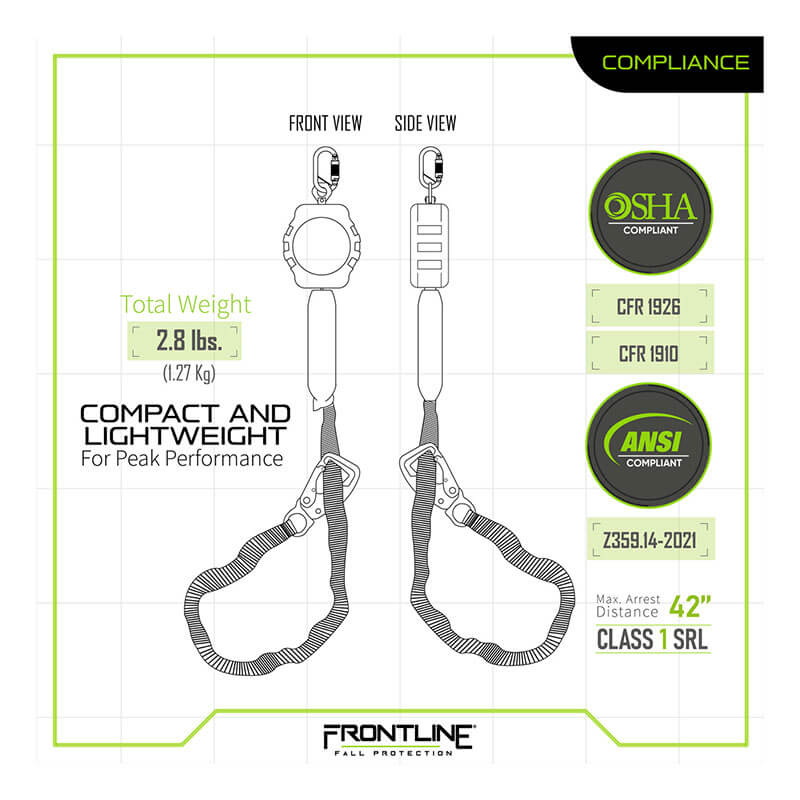 Diagram of the Frontline Fall Protection Tie Back Single Leg Web 9' SRL with steel snap hook, weighing 2.8 lbs (1.27 kg). OSHA and ANSI compliant. Features front and side views of this compact, lightweight lifeline device.