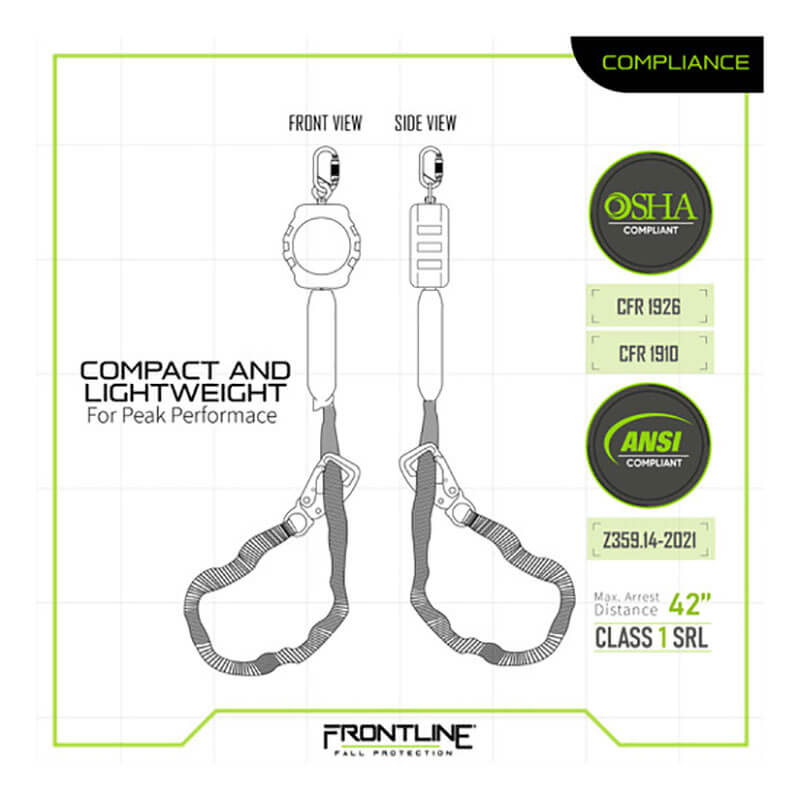 Technical diagram of the Frontline Tie Back Twin Leg Web 9' SRL with Steel Snap Hook End by Frontline Fall Protection, showing front and side views, OSHA/ANSI compliance badges, "Compact and Lightweight" design, 42" max arrest distance.
