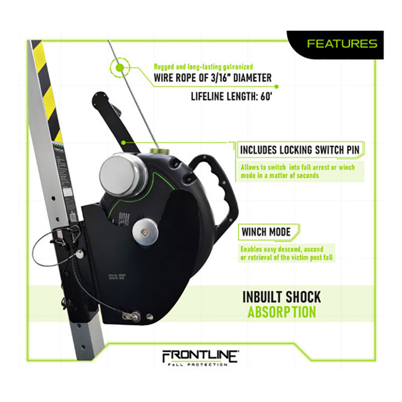 The Frontline Fall Protection MEGApod 60' 3-Way SRL with Retrieval System features a galvanized wire rope, locking switch pin, winch mode, and built-in shock absorption—ideal for confined space work on vertical metal structures.