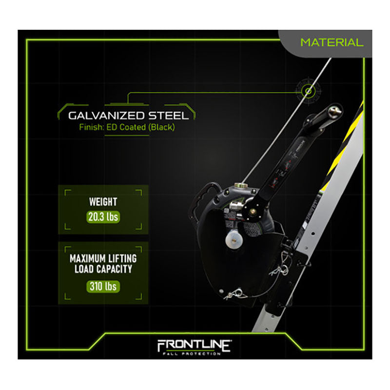 A diagram features the Frontline MEGApod 60' 3-Way SRL with Retrieval System by Frontline Fall Protection, a galvanized steel device (black ED-coated) for confined space fall protection, weighing 20.3 lbs and lifting loads up to 310 lbs.