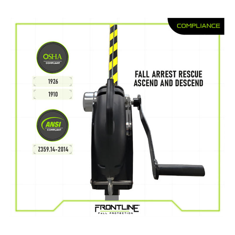 The Frontline MEGApod 60' 3-Way SRL with Retrieval System is a black manual winch for fall arrest, rescue, ascend and descend—ideal for confined space use. OSHA and ANSI compliant, with the Frontline Fall Protection logo displayed.