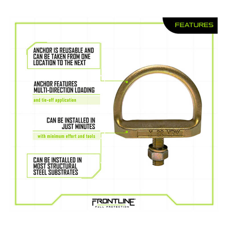 The Frontline Steel Bolt Screw Anchor STB01 by Frontline Fall Production is a reusable, movable anchor for most steel structures, allowing multi-directional loading and quick installation with minimal tools. Features shown on a white and green background.