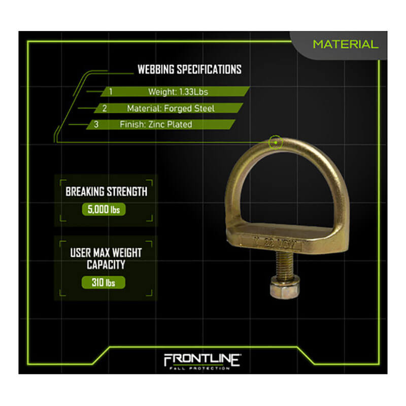 The Frontline Steel Bolt Screw Anchor STB01 by Frontline Fall Production weighs 1.33 lbs, is made of forged steel with a zinc-plated finish, has a 5,000 lb breaking strength, and a 310 lb max user capacity—ideal for securing to steel structures.