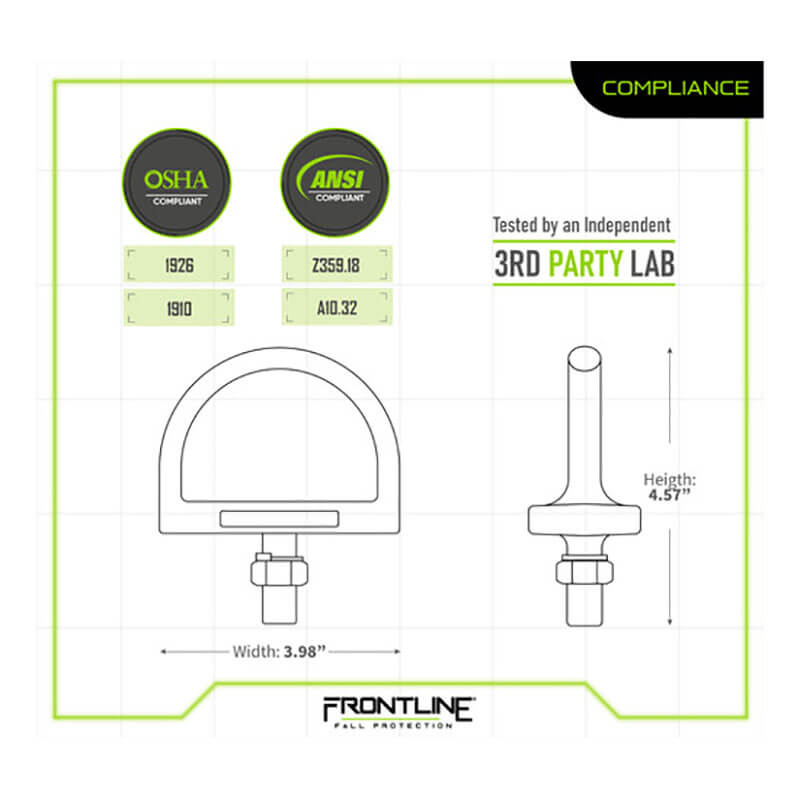 Technical diagram of Frontline Steel Bolt Screw Anchor STB01 (width: 3.98", height: 4.57") for steel structures, reusable design, OSHA and ANSI compliant, "3rd Party Lab" tested, and branded by Frontline Fall Protection at the bottom.