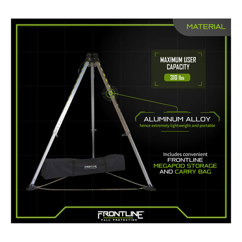 The Frontline MEGApod Aluminum Tripod by Frontline Fall Protection supports up to 310 lbs, is made from durable aluminum alloy, and includes a black storage bag for easy transport.