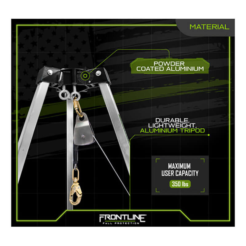 A diagram features the Frontline Patriot 7' Confined Space Aluminum Tripod TAN07-US by Frontline Fall Production, made of durable, lightweight powder-coated aluminum with pulleys and hooks, supporting up to 350 lbs.