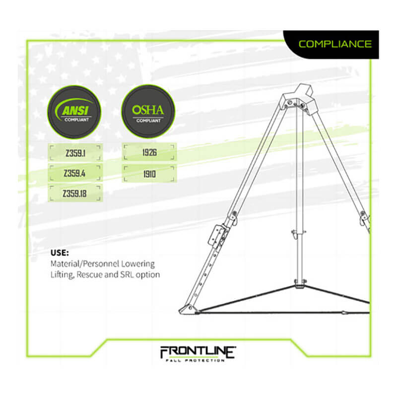 The Frontline Patriot 7' Confined Space Aluminum Tripod TAN07-US by Frontline Fall Protection is shown with compliance labels. It meets ANSI Z359.1, Z359.4, Z359.18 and OSHA 1926, 1910 standards for lifting, rescue, and lowering operations.